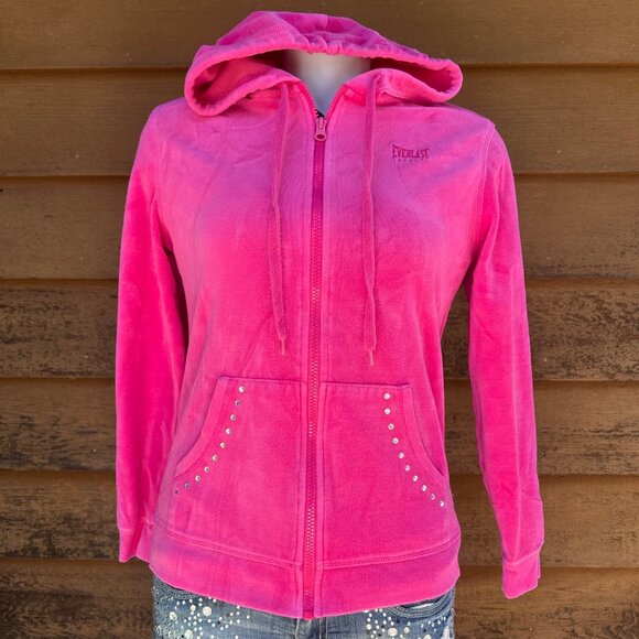 Everlast Sport Pink Velour Zip-Up Hoodie Womens M With Hood & Rhinestone Accents - Picture 6 of 10